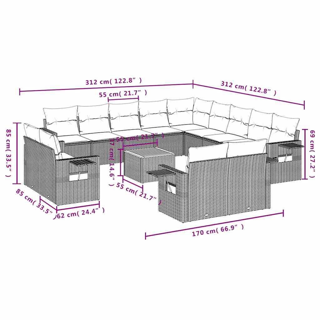 14-delige tuinbankset met kussens van zwart polyrotan is nu te koop bij PeponiXL, paradijselijk wonen!
