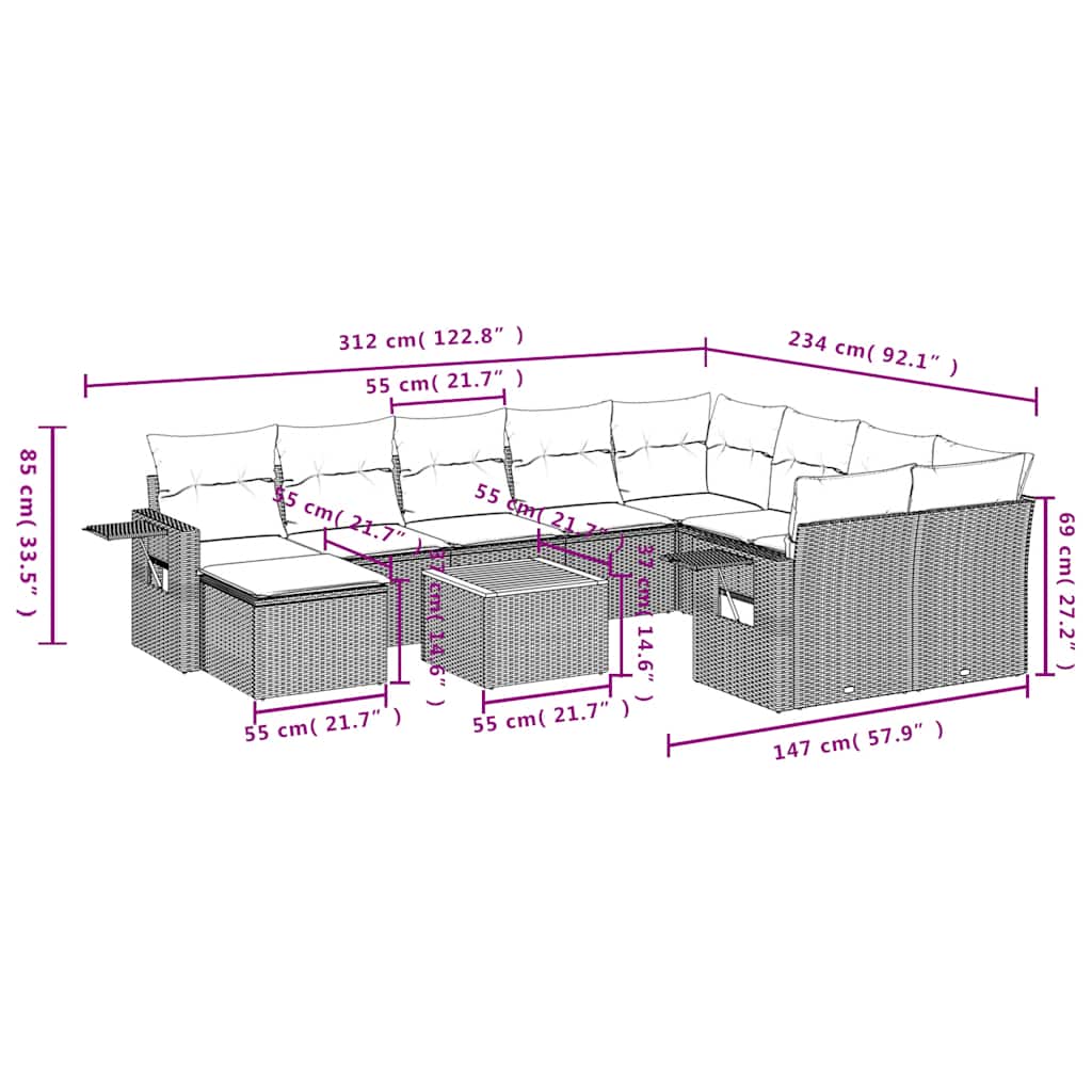 11-delige tuinbankset met kussens, grijs polyrotan is nu te koop bij PeponiXL, paradijselijk wonen!