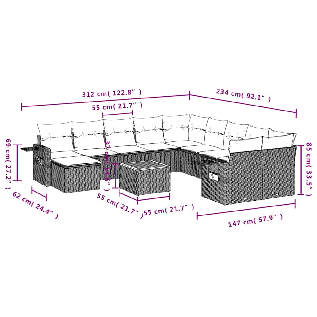 12-delige tuinbankset met kussens van zwart polyrotan is nu te koop bij PeponiXL, paradijselijk wonen!