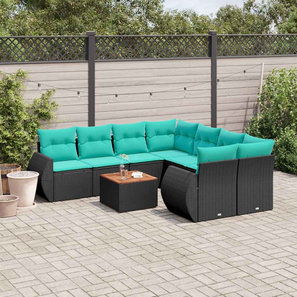 9-delige tuinbankset met kussens van zwart polyrotan is nu te koop bij PeponiXL, paradijselijk wonen!