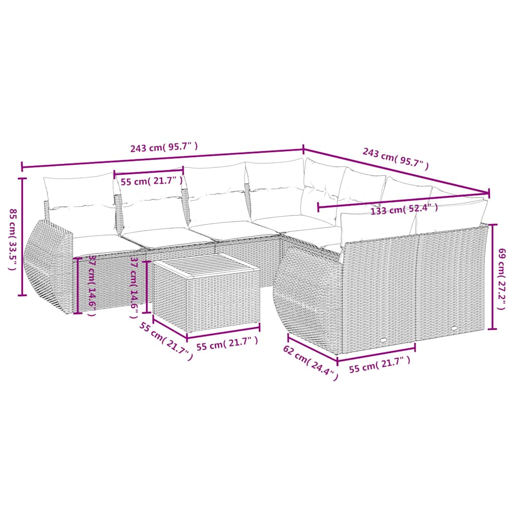 9-delige tuinbankset met kussens, grijs polyrotan is nu te koop bij PeponiXL, paradijselijk wonen!