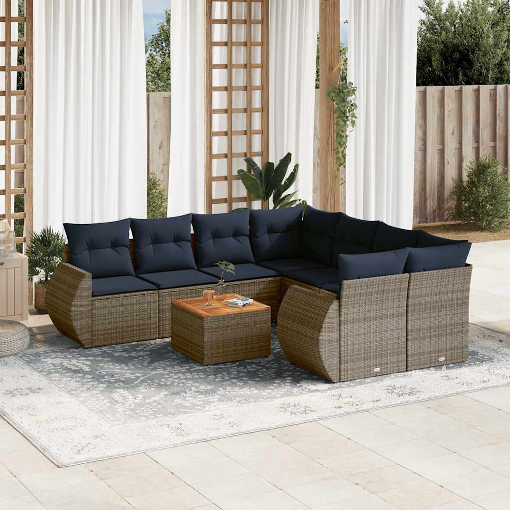 9-delige tuinbankset met kussens, grijs polyrotan is nu te koop bij PeponiXL, paradijselijk wonen!