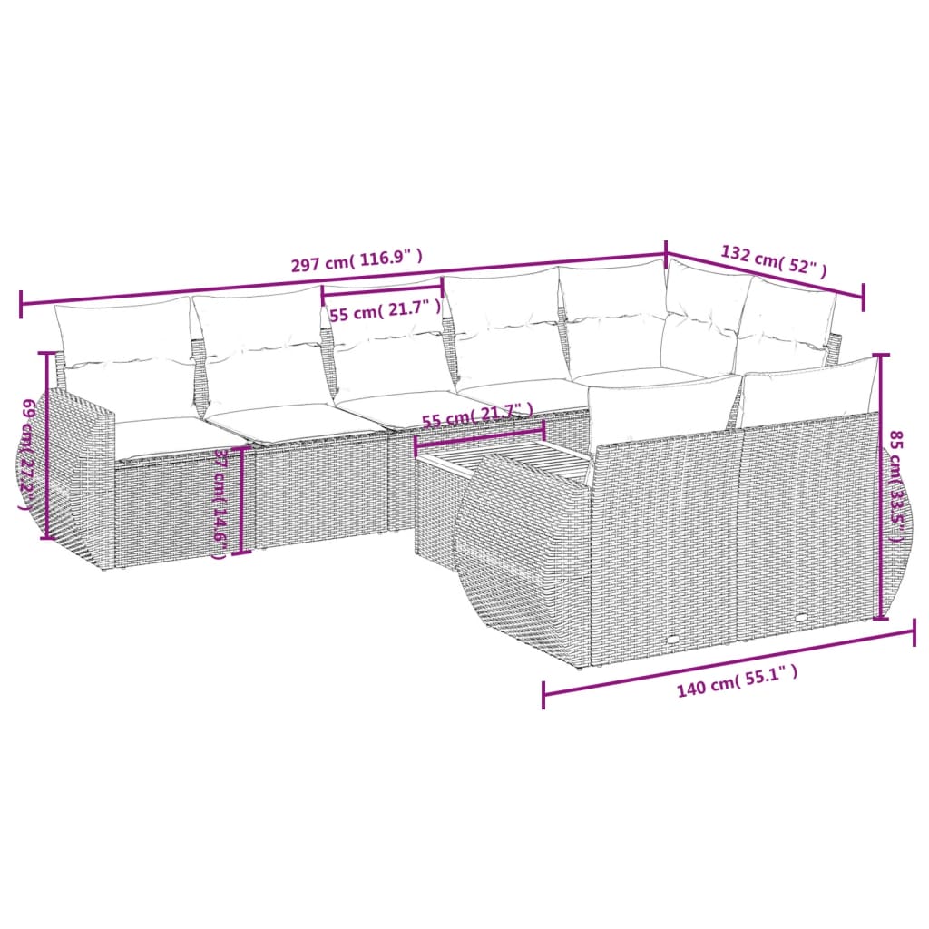 9-delige Loungeset met kussens poly rattan grijs is nu te koop bij PeponiXL, paradijselijk wonen!