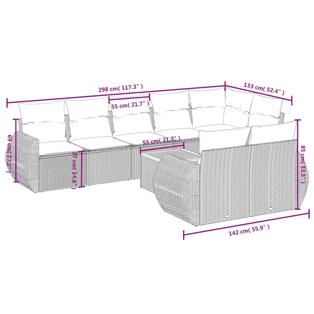 9-delige tuinbankset met kussens, grijs polyrotan is nu te koop bij PeponiXL, paradijselijk wonen!