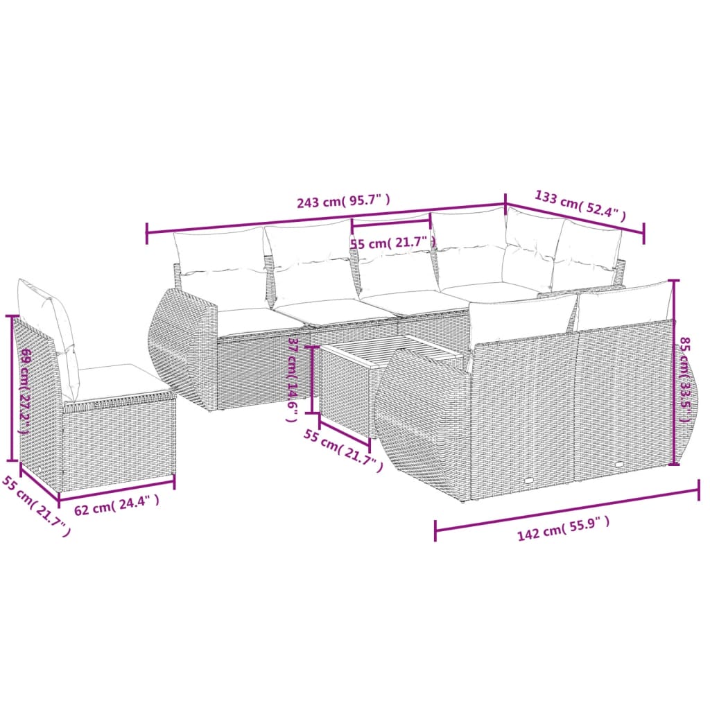 9-delige tuinbankset met kussens van zwart polyrotan is nu te koop bij PeponiXL, paradijselijk wonen!