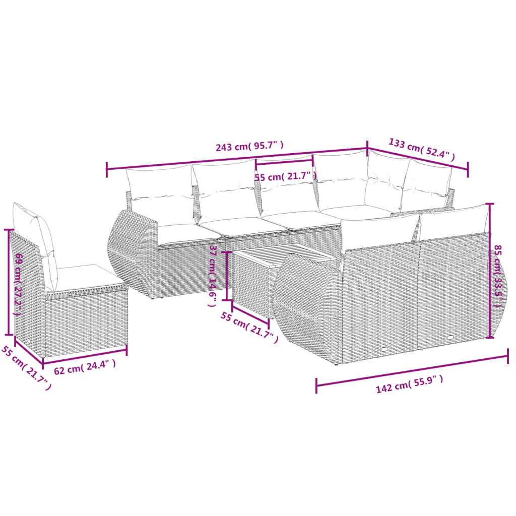 9-delige tuinbankset met kussens, grijs polyrotan is nu te koop bij PeponiXL, paradijselijk wonen!