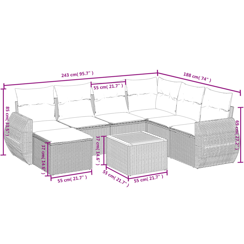 8-delige tuinbankset met kussens, grijs polyrotan is nu te koop bij PeponiXL, paradijselijk wonen!