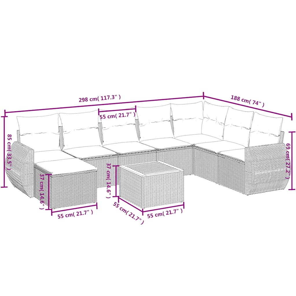 9-delige tuinbankset met kussens van zwart polyrotan is nu te koop bij PeponiXL, paradijselijk wonen!
