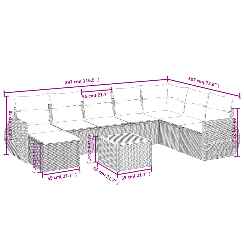 9-delige Loungeset met kussens poly rattan grijs is nu te koop bij PeponiXL, paradijselijk wonen!