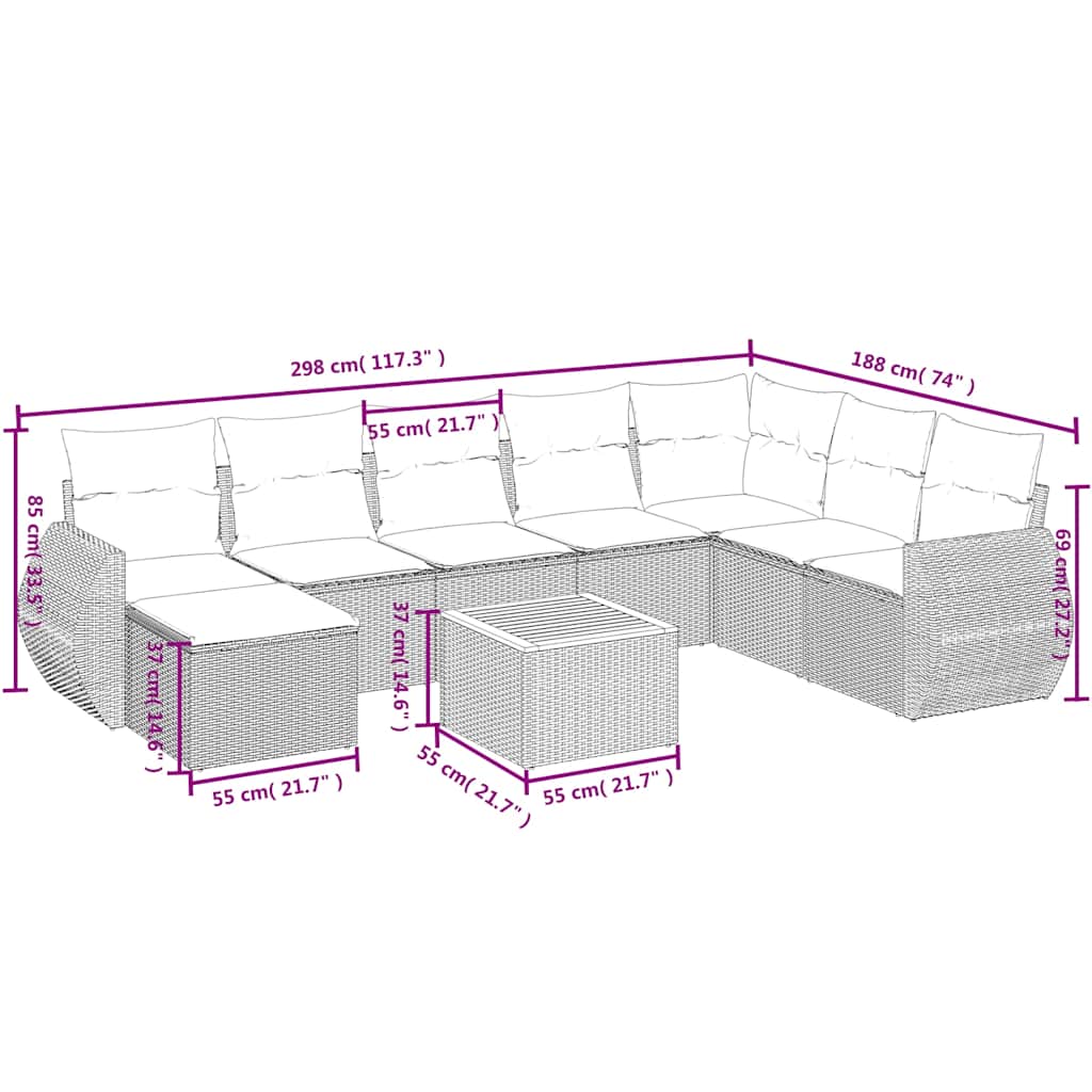 9-delige tuinbankset met kussens, grijs polyrotan is nu te koop bij PeponiXL, paradijselijk wonen!