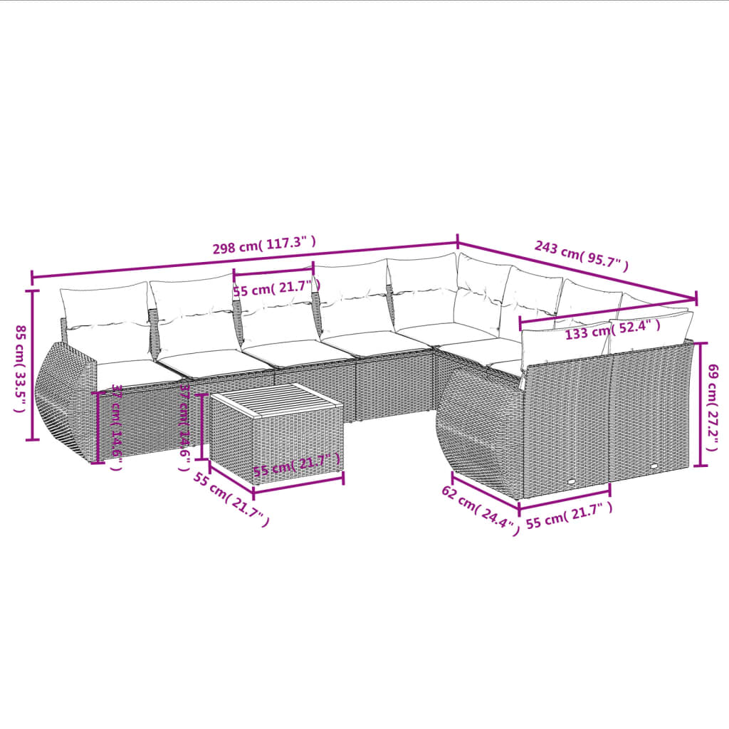 10-delige tuinbankset met kussens, grijs polyrotan is nu te koop bij PeponiXL, paradijselijk wonen!