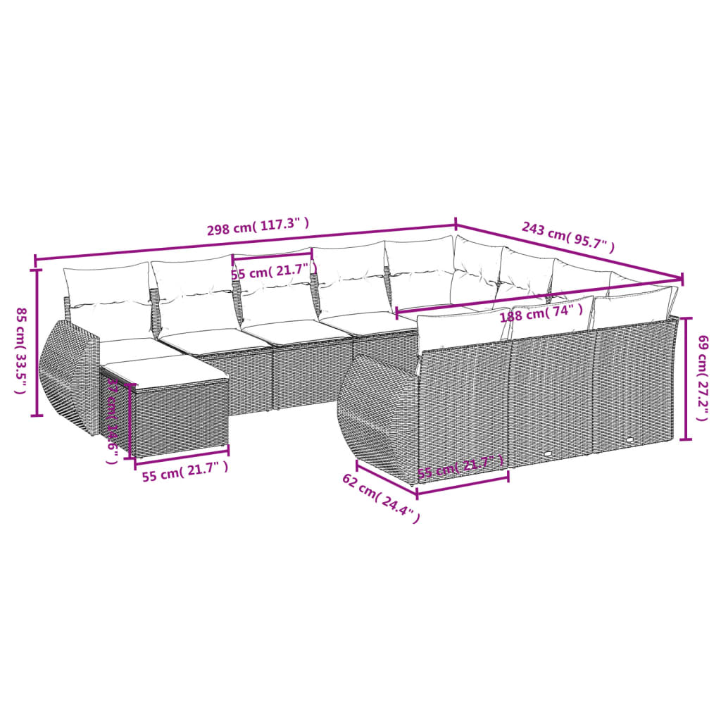 11-delige tuinbankset met kussens, zwart polyrotan is nu te koop bij PeponiXL, paradijselijk wonen!