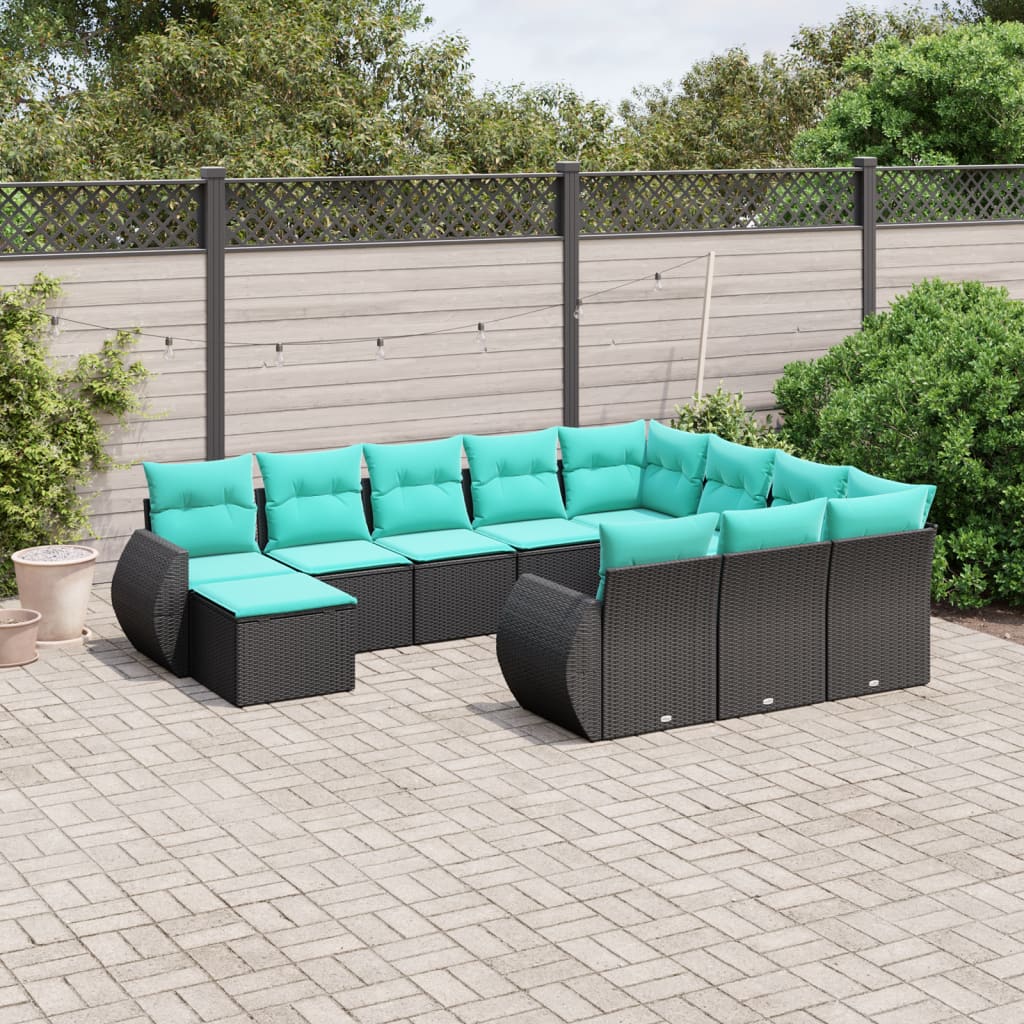 11-delige tuinbankset met kussens, zwart polyrotan is nu te koop bij PeponiXL, paradijselijk wonen!