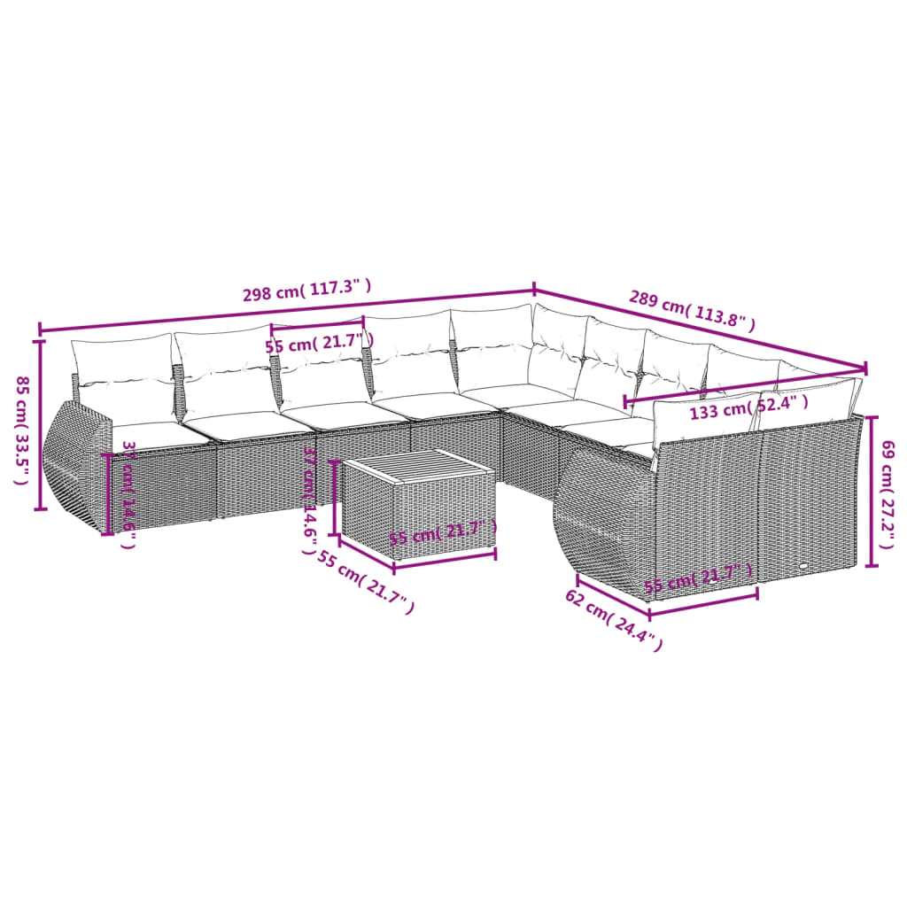 11-delige tuinbankset met kussens, grijs polyrotan is nu te koop bij PeponiXL, paradijselijk wonen!