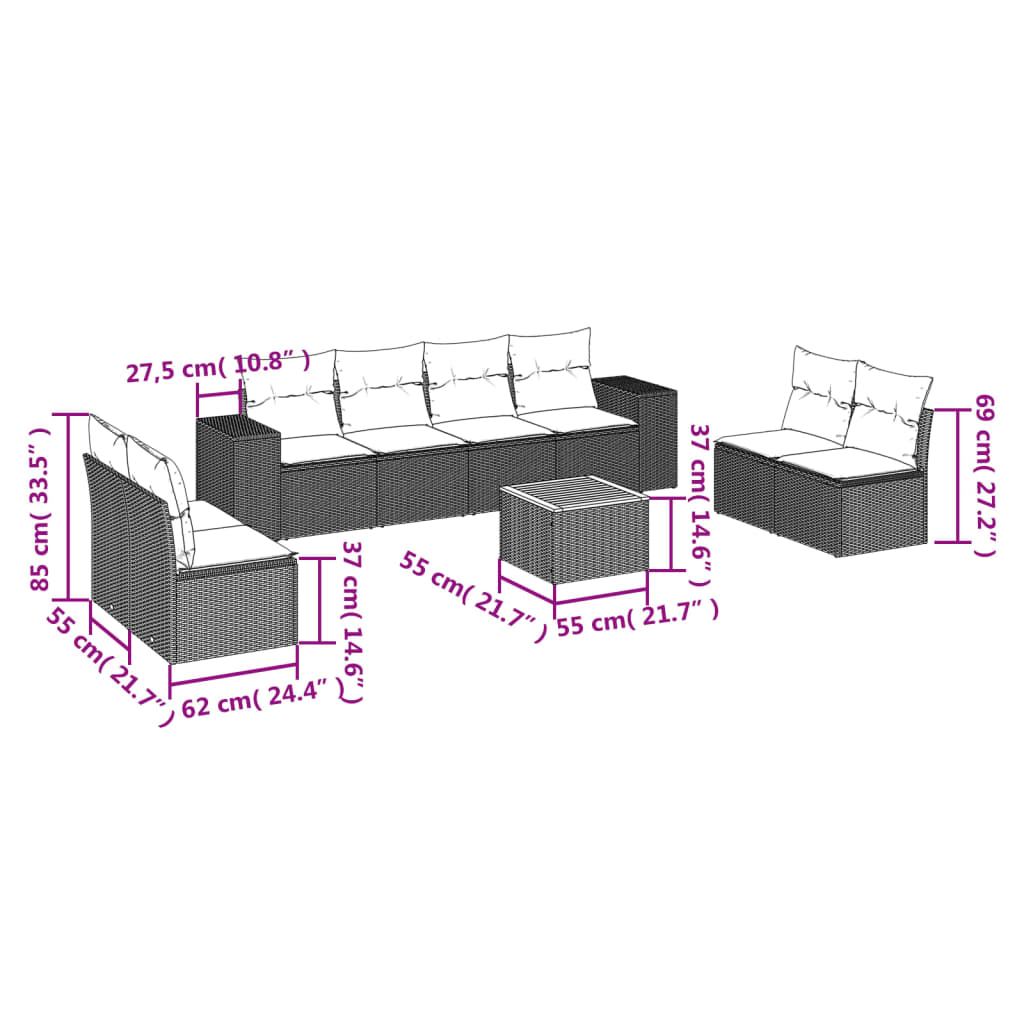 9-delige Loungeset met kussens poly rattan grijs is nu te koop bij PeponiXL, paradijselijk wonen!