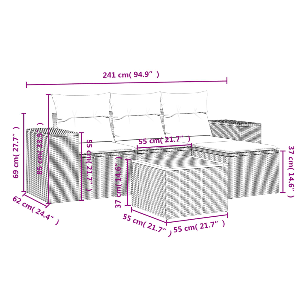 5-delige Loungeset met kussens poly rattan zwart is nu te koop bij PeponiXL, paradijselijk wonen!