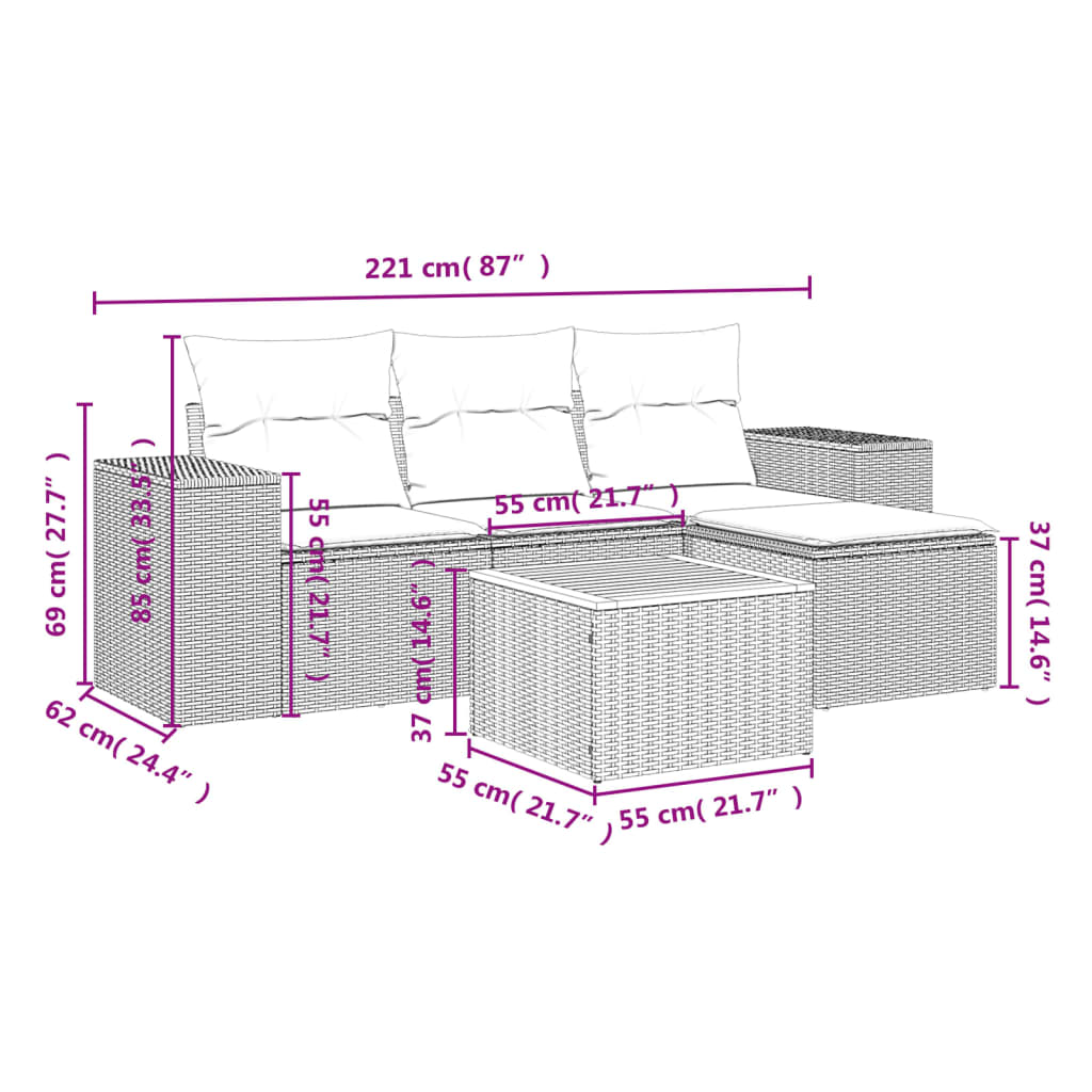 5-delige Loungeset met kussens poly rattan grijs is nu te koop bij PeponiXL, paradijselijk wonen!
