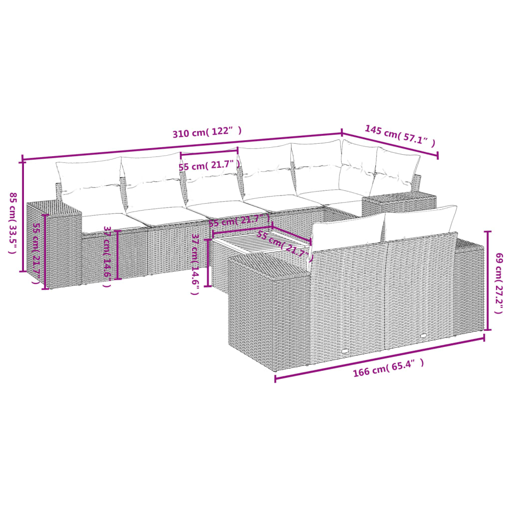 9-delige Loungeset met kussens poly rattan grijs is nu te koop bij PeponiXL, paradijselijk wonen!