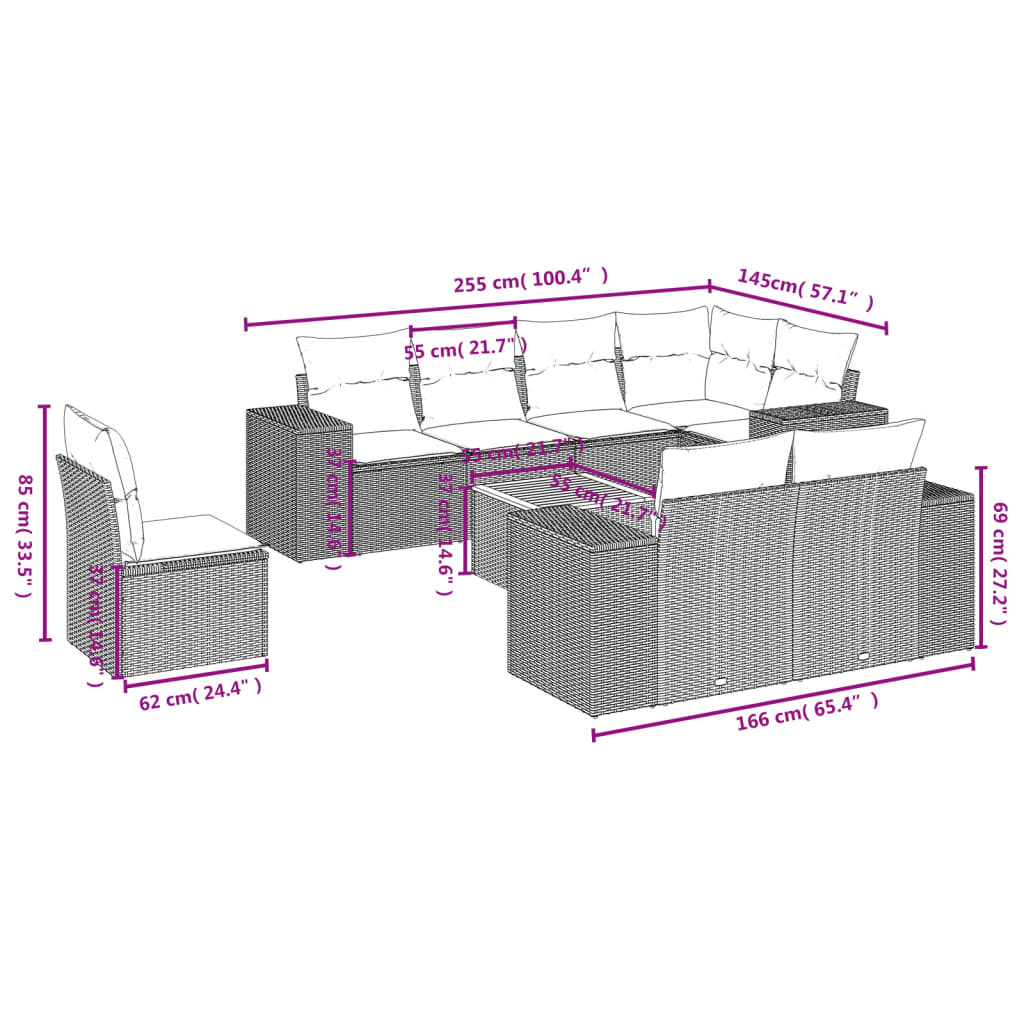 9-delige tuinbankset met kussens, grijs polyrotan is nu te koop bij PeponiXL, paradijselijk wonen!