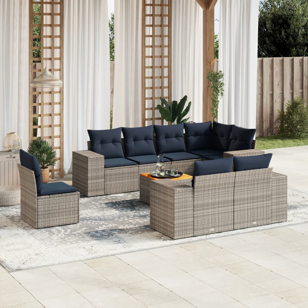 9-delige tuinbankset met kussens, grijs polyrotan is nu te koop bij PeponiXL, paradijselijk wonen!