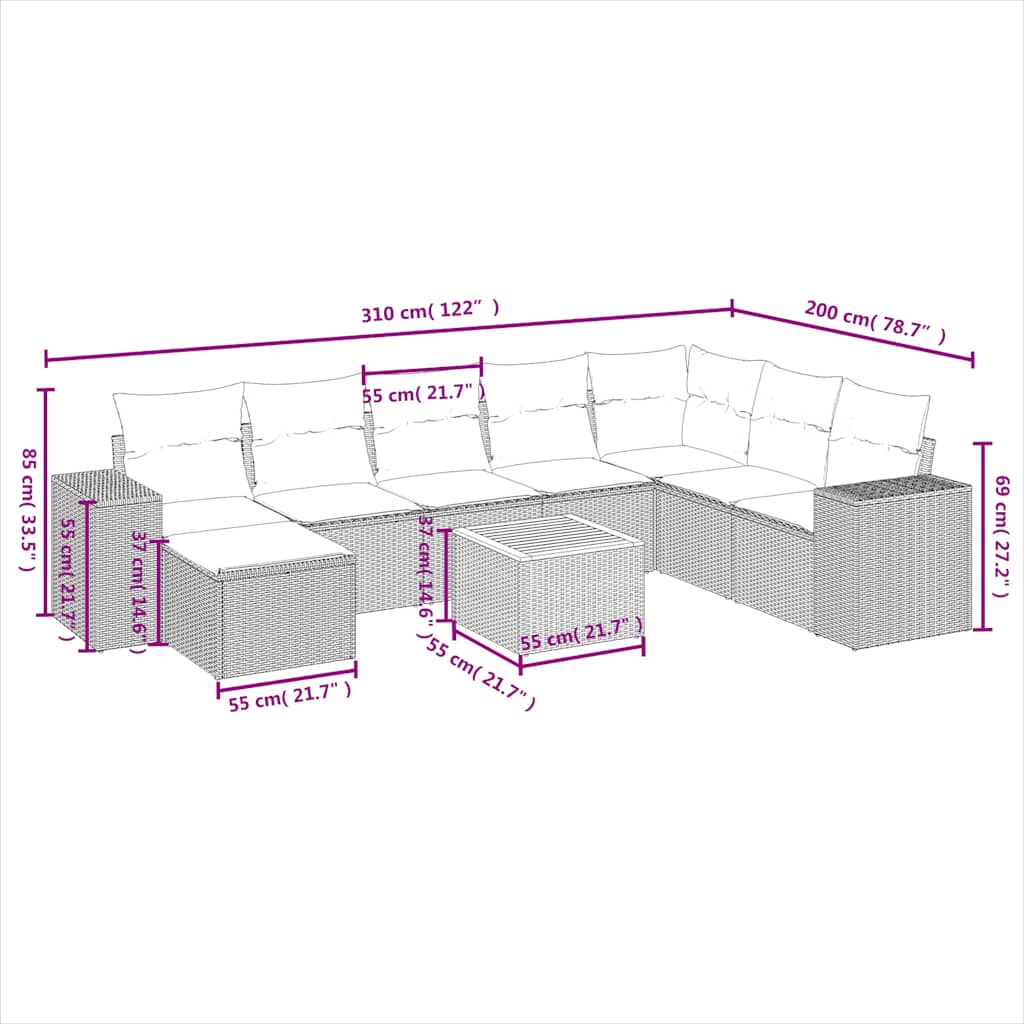 9-delige tuinbankset met kussens van zwart polyrotan is nu te koop bij PeponiXL, paradijselijk wonen!