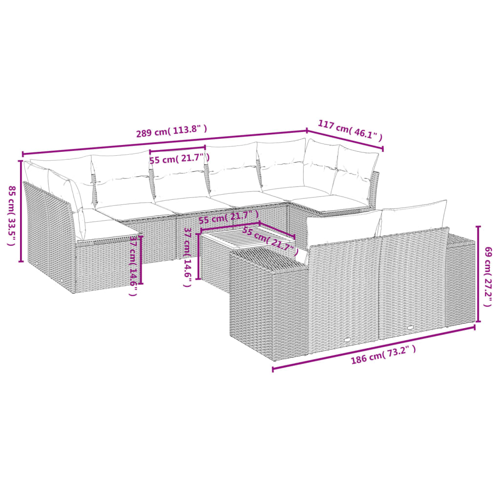 10-delige tuinbankset met kussens, grijs polyrotan is nu te koop bij PeponiXL, paradijselijk wonen!
