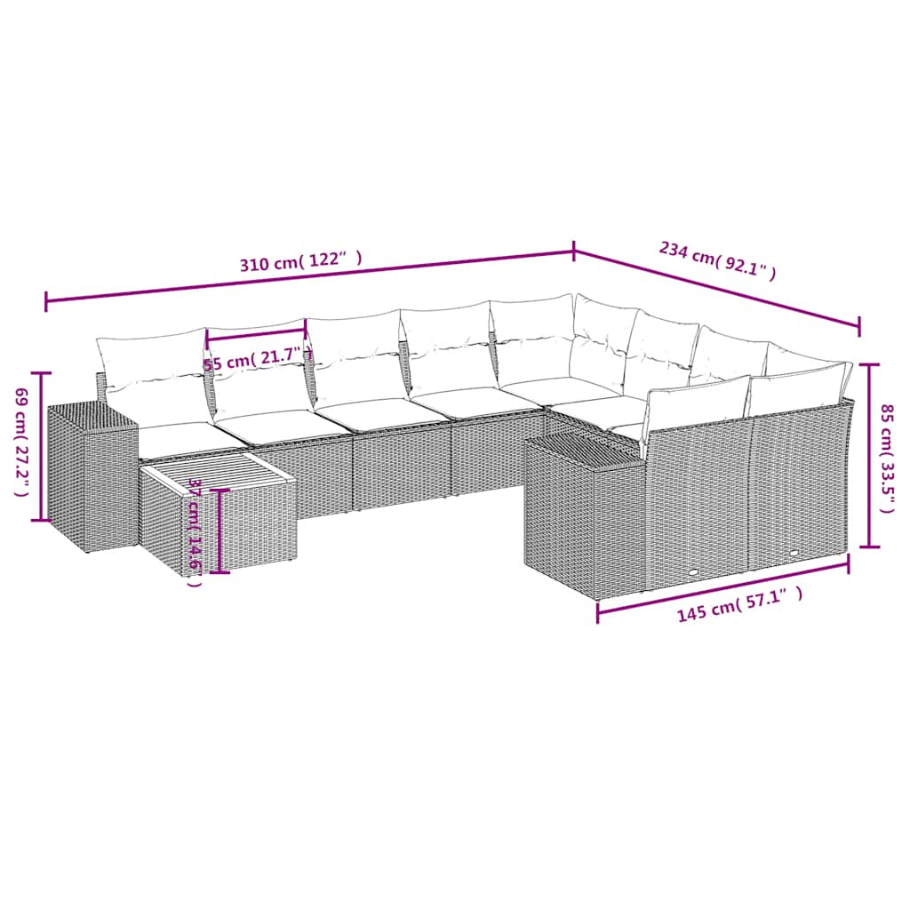 10-delige tuinbankset met kussens van zwart polyrotan is nu te koop bij PeponiXL, paradijselijk wonen!