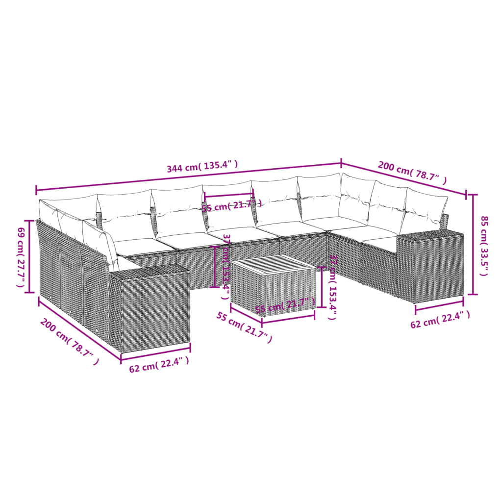 11-delige tuinbankset met kussens, grijs polyrotan is nu te koop bij PeponiXL, paradijselijk wonen!