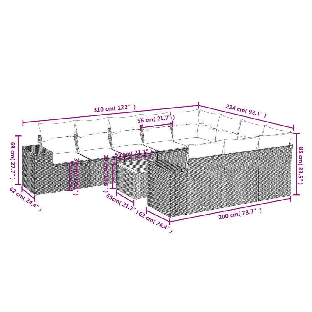 11-delige tuinbankset met kussens, zwart polyrotan is nu te koop bij PeponiXL, paradijselijk wonen!