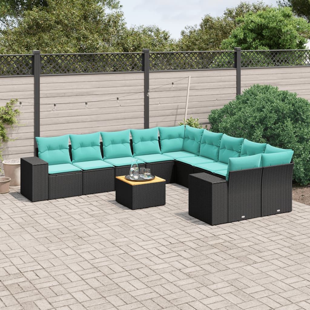 11-delige tuinbankset met kussens, zwart polyrotan is nu te koop bij PeponiXL, paradijselijk wonen!