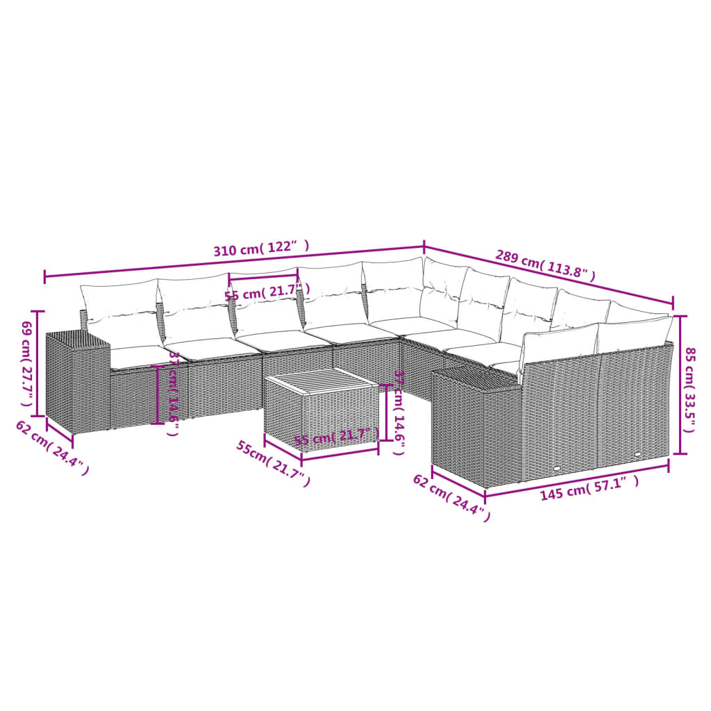 11-delige tuinbankset met kussens, grijs polyrotan is nu te koop bij PeponiXL, paradijselijk wonen!