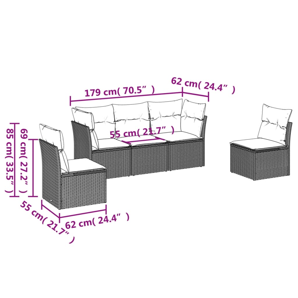 5-delige Loungeset met kussens poly rattan bruin is nu te koop bij PeponiXL, paradijselijk wonen!