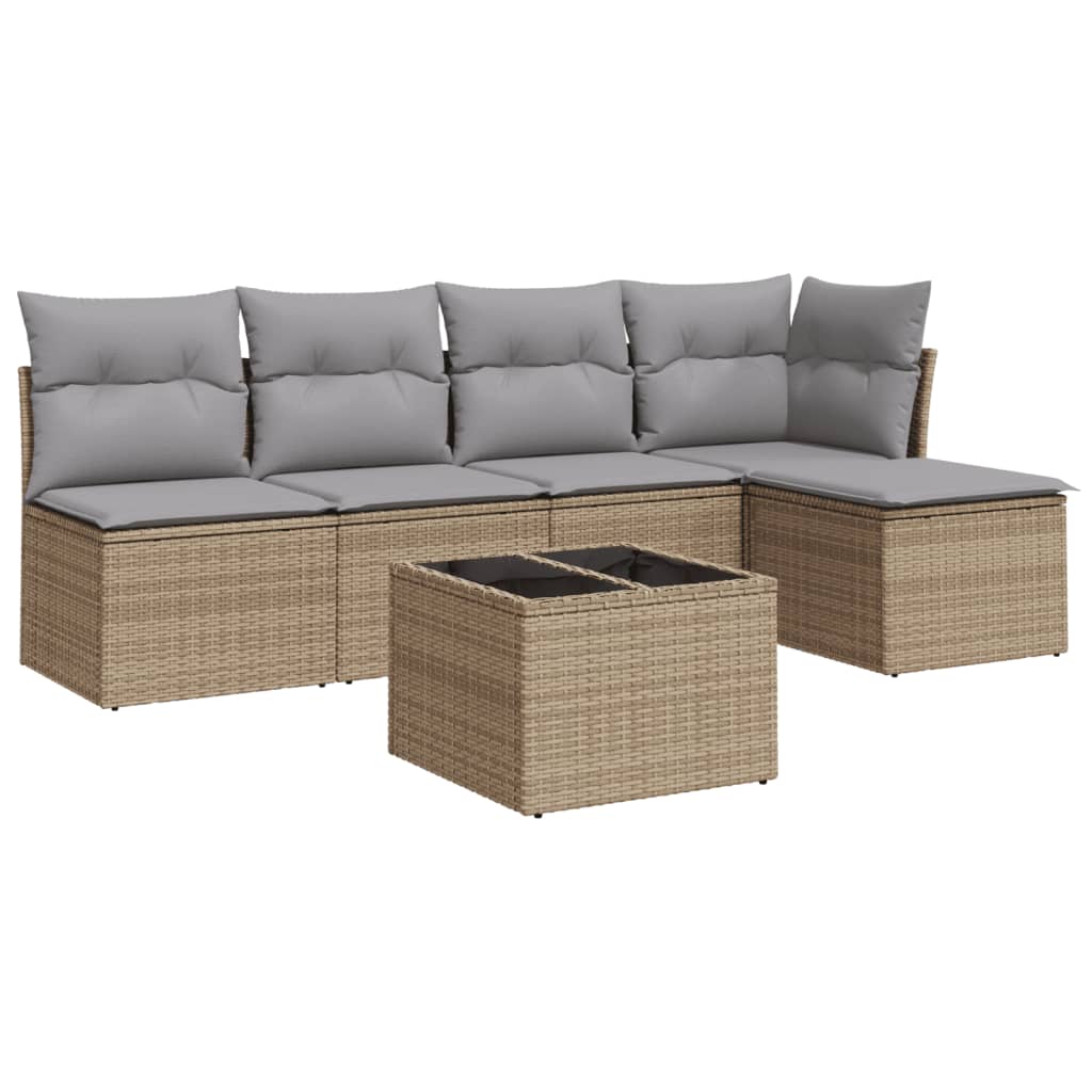 6-delige Loungeset met kussens poly rattan beige
