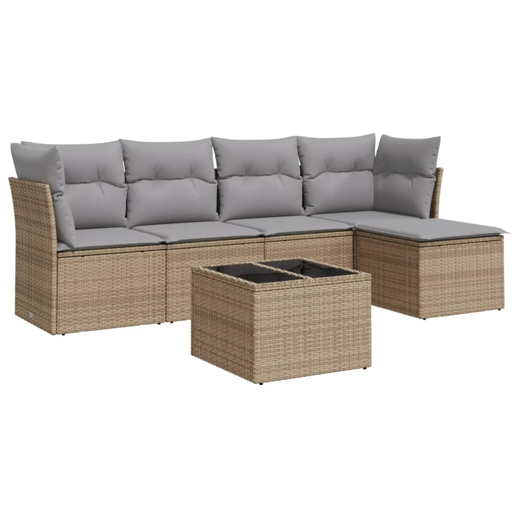 6-delige Loungeset met kussens poly rattan beige
