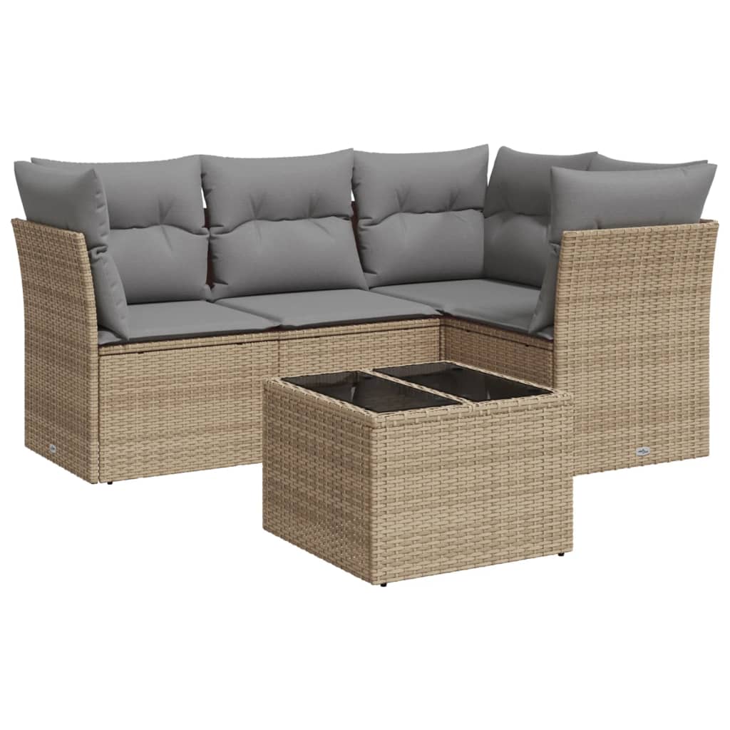 5-delige Loungeset met kussens poly rattan beige