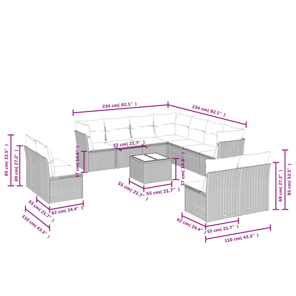 12-delige Loungeset met kussens poly rattan grijs is nu te koop bij PeponiXL, paradijselijk wonen!