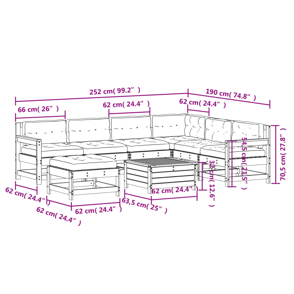8-delige Loungeset met kussens massief grenenhout
