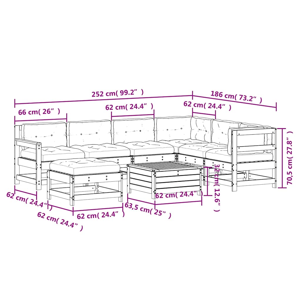 8-delige Loungeset met kussens massief grenenhout wit