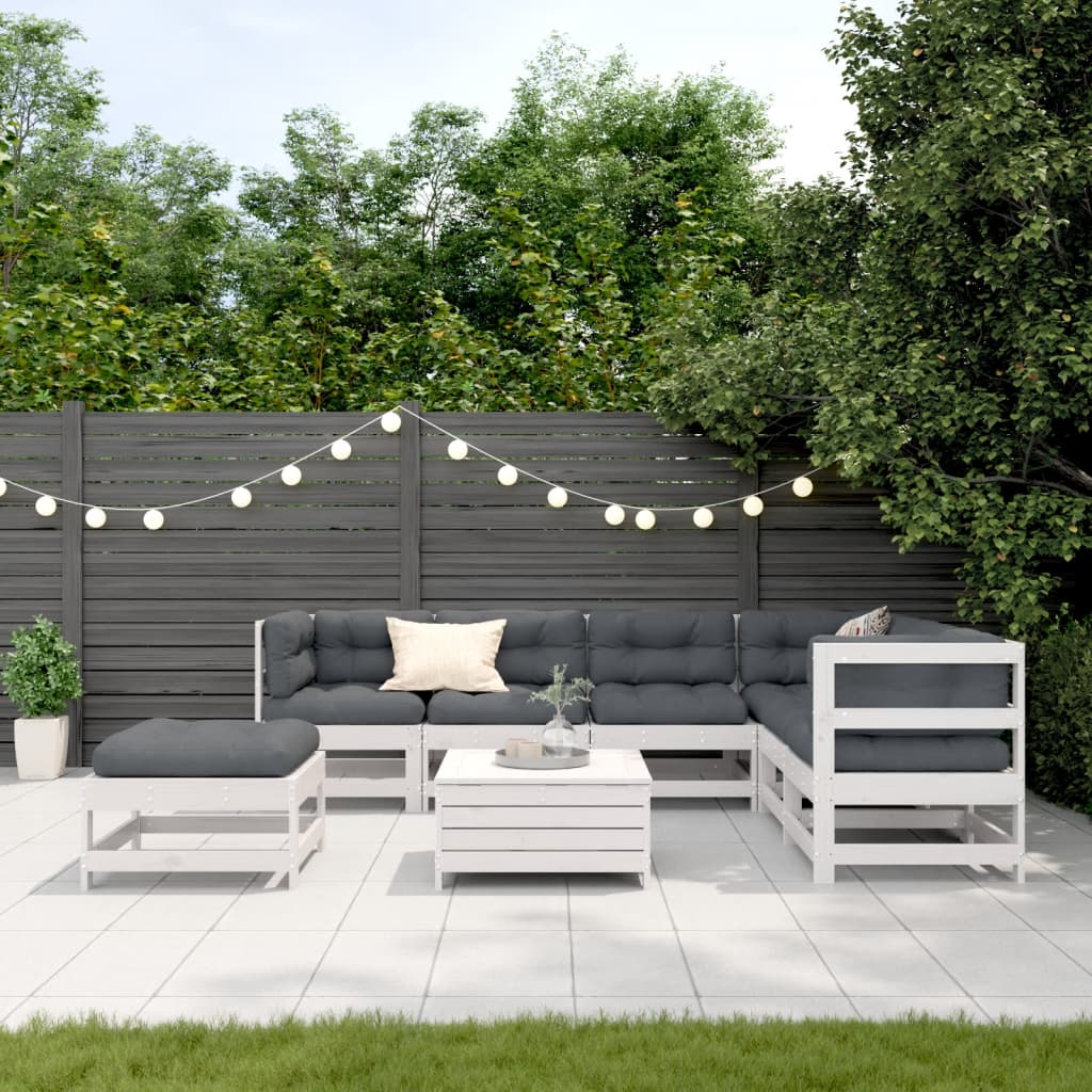 8-delige Loungeset met kussens massief grenenhout wit