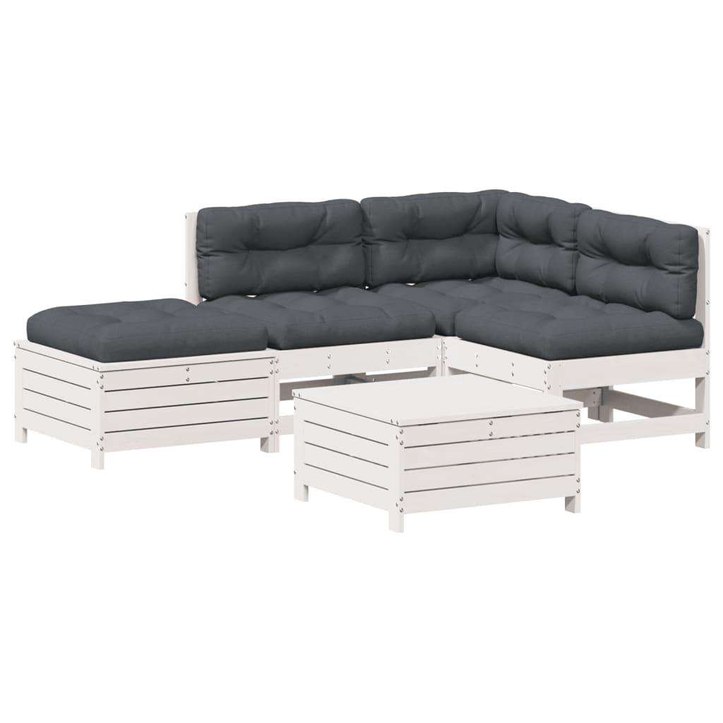 5-delige Loungeset met kussens massief grenenhout wit