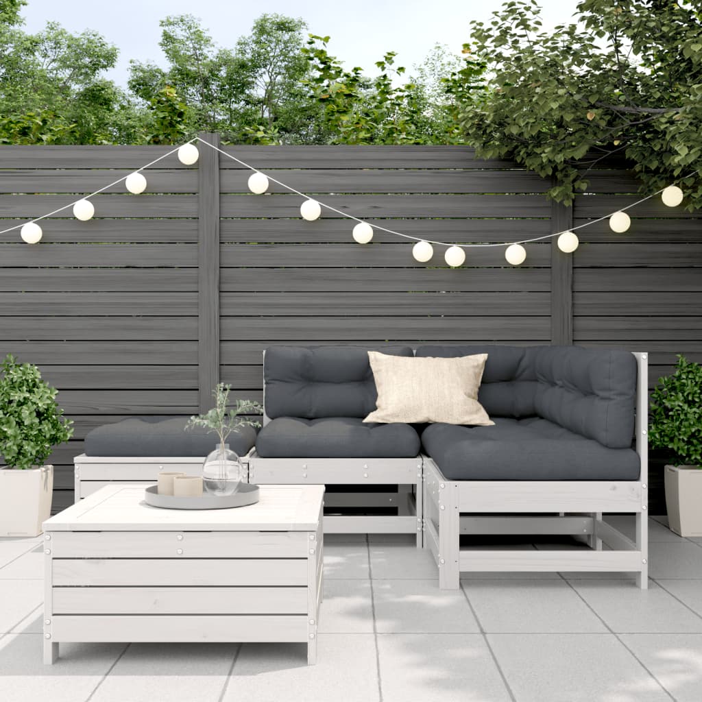 5-delige Loungeset met kussens massief grenenhout wit
