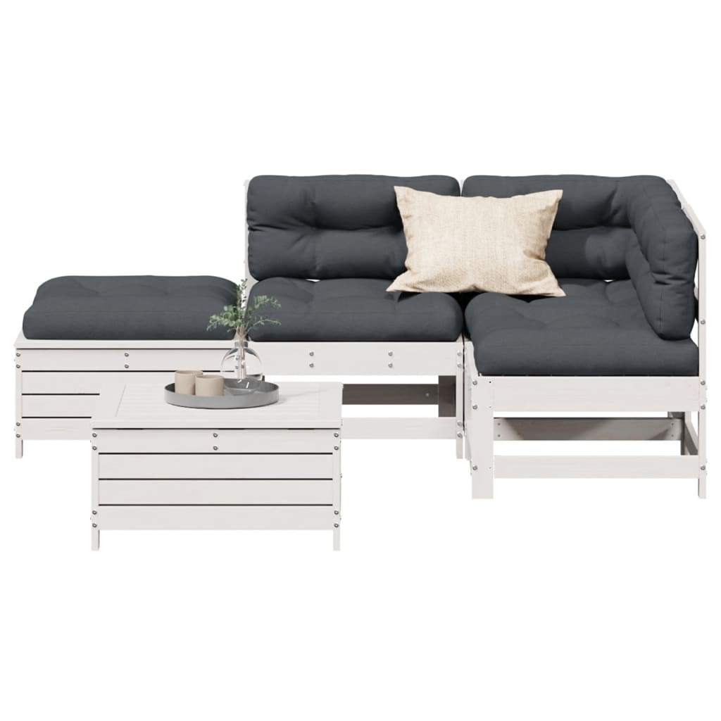 5-delige Loungeset met kussens massief grenenhout wit