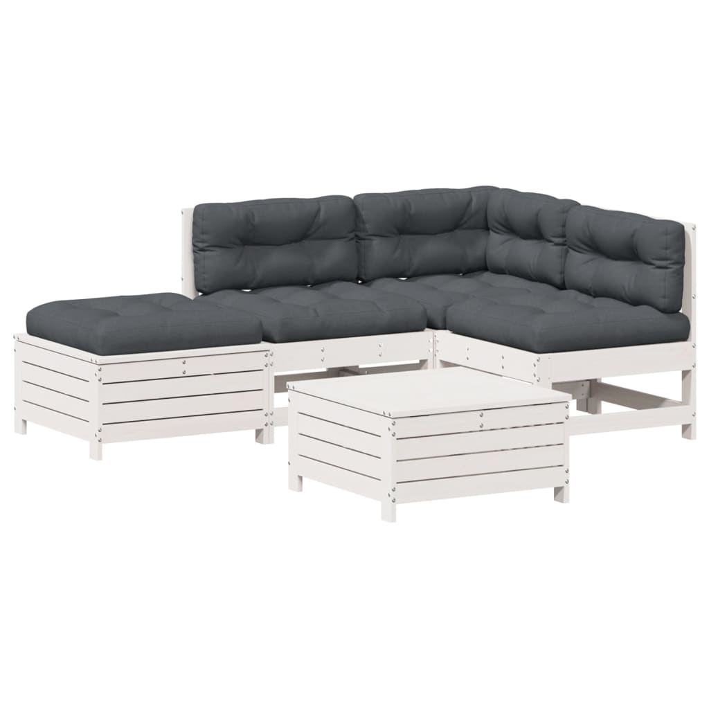 5-delige Loungeset met kussens massief grenenhout wit