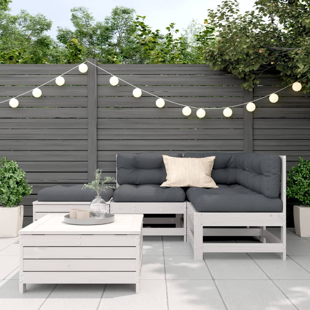5-delige Loungeset met kussens massief grenenhout wit
