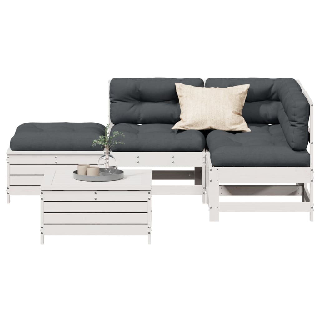 5-delige Loungeset met kussens massief grenenhout wit