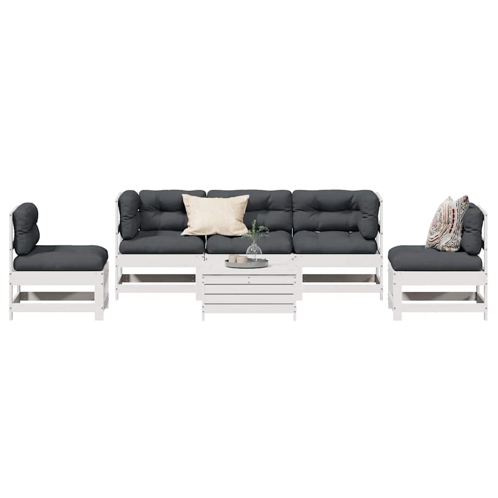 6-delige Loungeset met kussens massief grenenhout wit