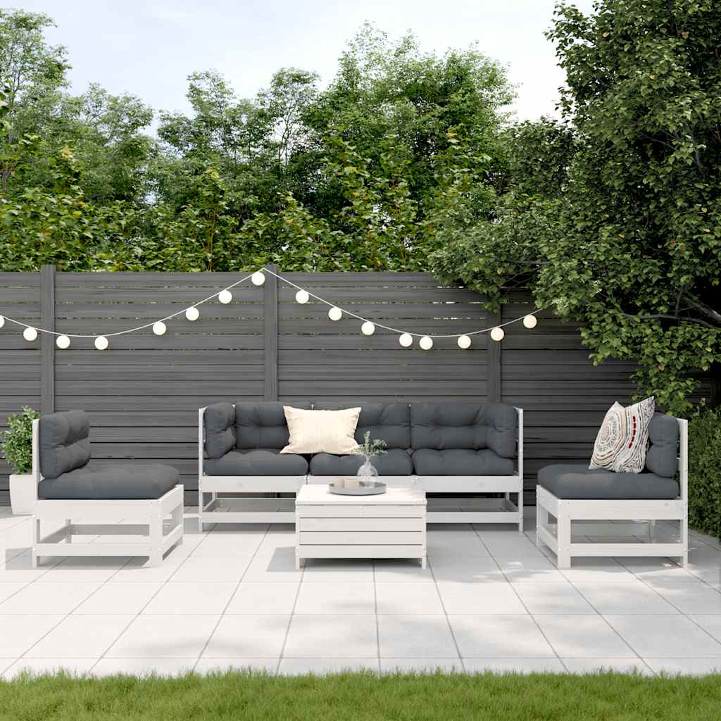 6-delige Loungeset met kussens massief grenenhout wit