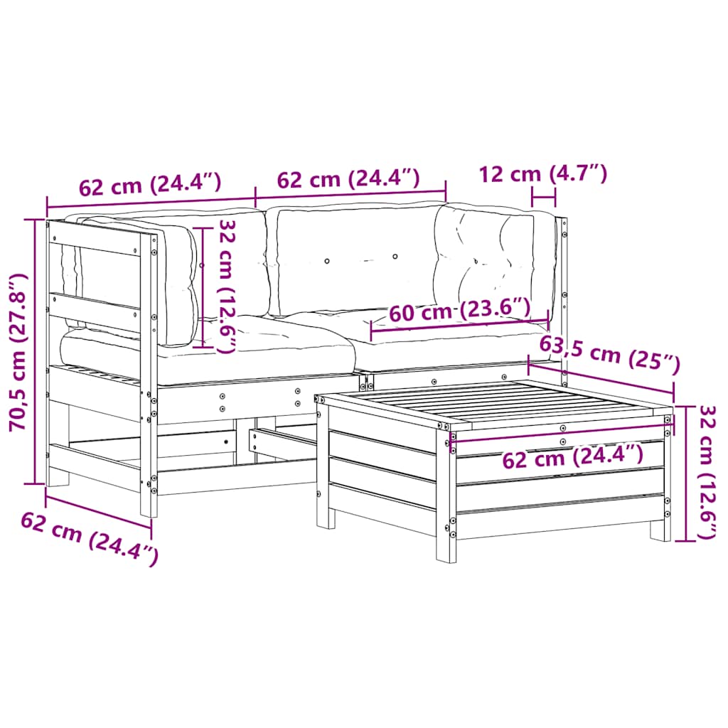 3-delige Loungeset met kussens massief grenenhout wit