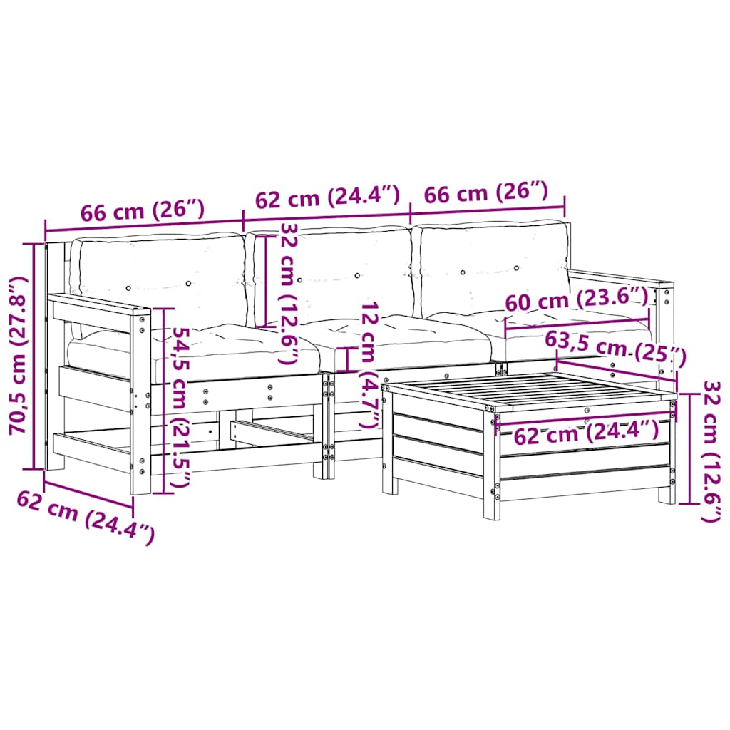 4-delige Loungeset met kussens massief grenenhout