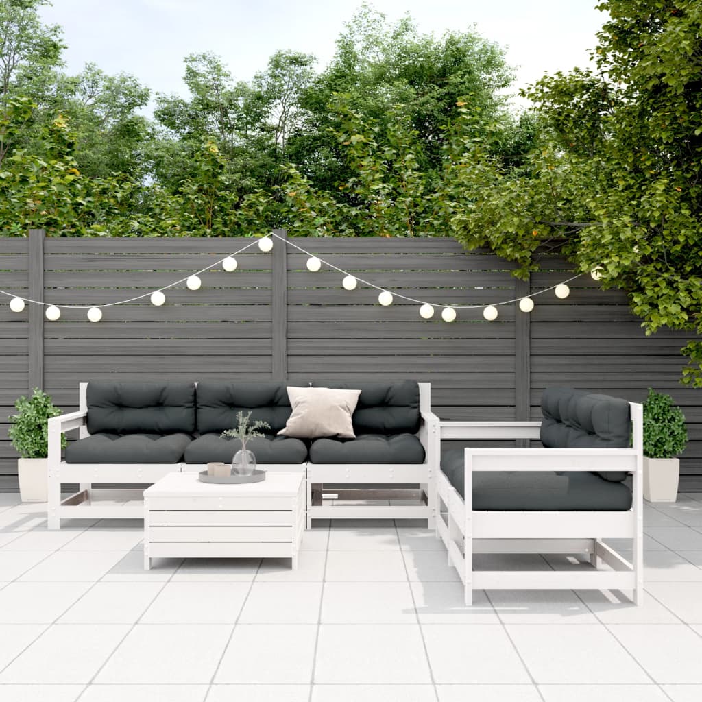 6-delige Loungeset met kussens massief grenenhout wit